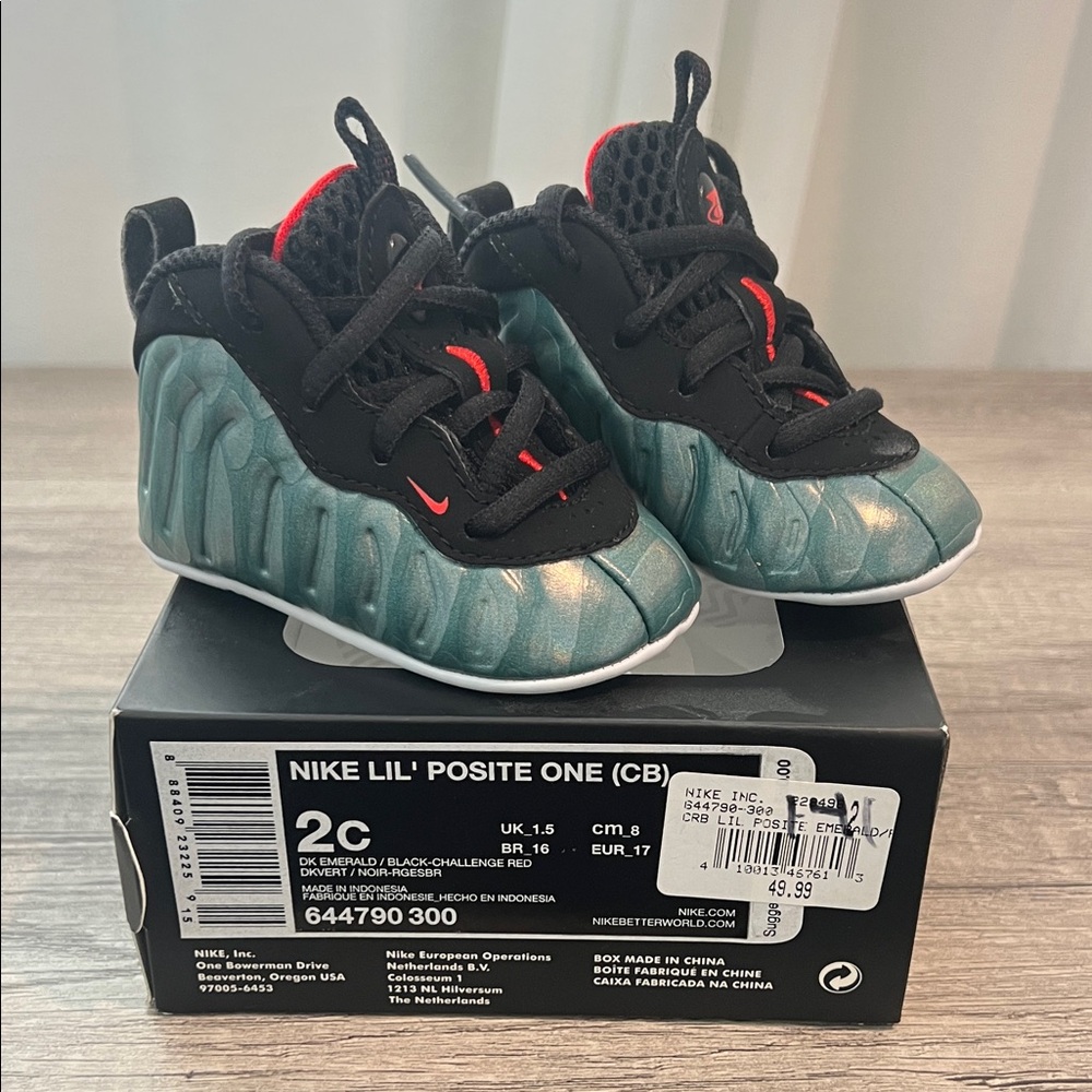 Nike Kids Foamposite Sneakers in Emerald Green and Black with Red Accents